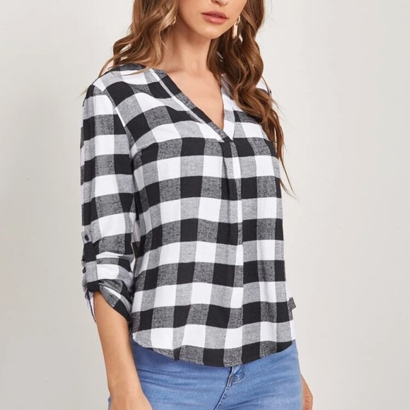 Buffalo plaid notched v neck roll tab long sleeve shirt top red black - Picture 4 of 6